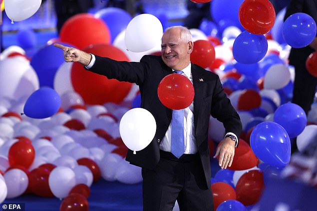 Walz reacting to the balloon drop at the end of the Democratic National Convention. Republicans have ridiculed his exuberance on the campaign trail