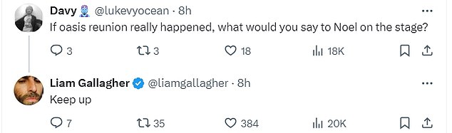 Despite the thawing in their relations, Liam couldn't resist a dig at his brother. When asked what he would say to Noel when they return to the stage, he said: 'Keep up'