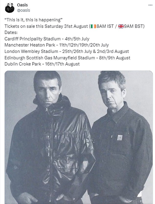 Announcing the Oasis Live 25 tour today, the legendary band said: 'The guns have fallen silent. The stars have aligned. The great wait is over. Come see. It will not be televised.'