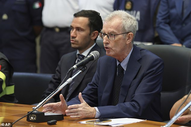 Italian Prosecutor Ambrogio Cartosio, right, attends a press conference on the shipwreck of the Bayesian in Termini Imerese, Sicily, Aug. 24, 2024