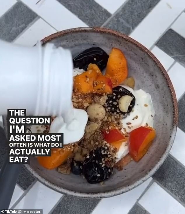 Fresh fruit and veggies topped with plenty of gut boosting kefir is on the menu for the top nutrition scientist who shared his typical daily habits in a TikTok video while soaking up the sun in Spain