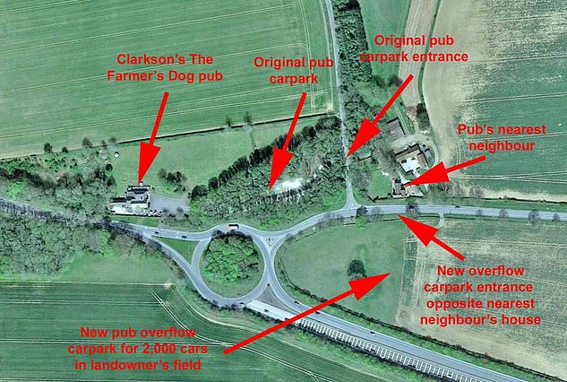 A bird's eye view map showing the location of Clarkson's pub on the left and the new car park on the lower right