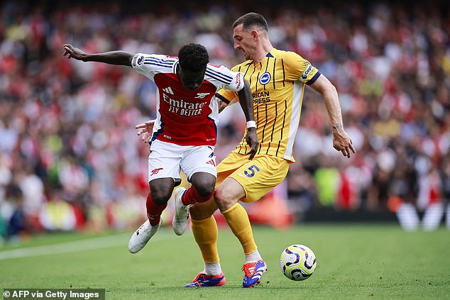 Lewis Dunk was outstripped by Saka in the build-up to the opening goal in north London