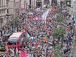 'Tens of thousands' of pro-Palestinian protesters march on Israeli embassy in London where hundreds-strong counter-demo flying flags of Israel lie in wait - with eight people arrested