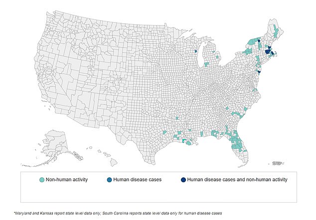 The above map shows the counties where EEE has been detected between 2003 and 2023. The dark blue areas represent places with human cases