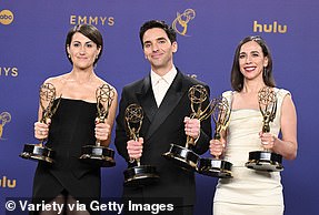 Jen Statsky, Paul W Downs, and Lucia Aniello (left to right) won Writing for a Comedy Series for Hacks