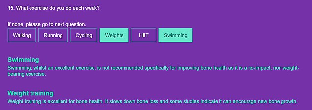 Finally, it asks what type of exercise you do each week, with a choice between walking, swimming, running, HIIT, weight training and cycling