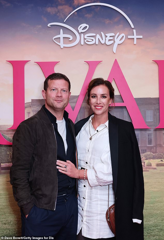 Dermot O'Leary cut a smart casual figure in a suede bomber jacket as he attended Disney+'s Rivals screening in London with his glamorous wife Dee Koppang