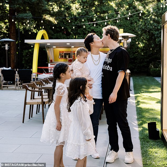 Mark Zuckerberg has revealed he shut down his seven-year-old daughter August when she told him she wants to grow up to be like Taylor Swift. Pictured: Zuckerberg with his wife and three daughters