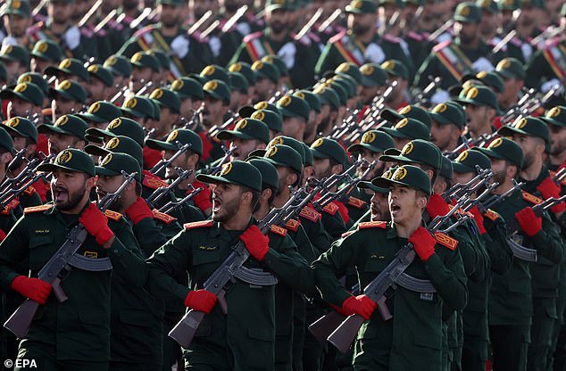 Iranian Revolutionary Guard Corps (IRGC) soldiers march in formation during the annual military parade marking the Iraqi invasion in 1980, which led to an eight-year-long war (1980-1988); in Tehran, Iran, 21 September 2024