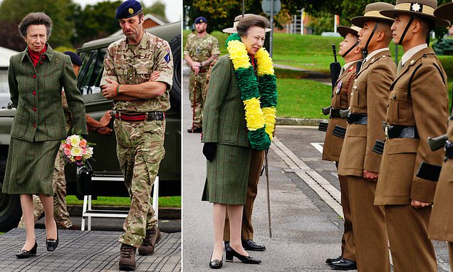 Princes Anne dons green suit as she visits Gloucestershire Gurkha regiment