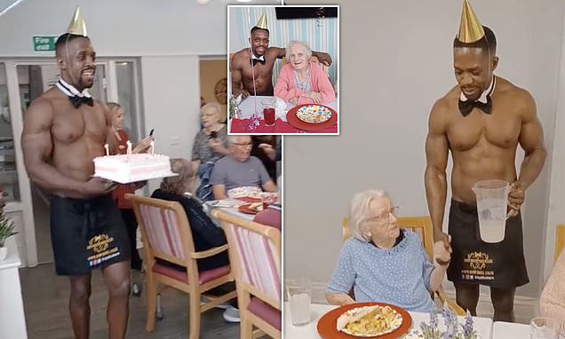 A brew and a beefcake! Centenarian treated to a racy surprise as she and her pals are