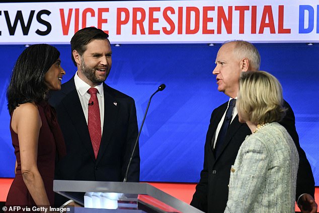 Usha Vance and Gwen Walz join their husbands on stage after the vice presidential debate