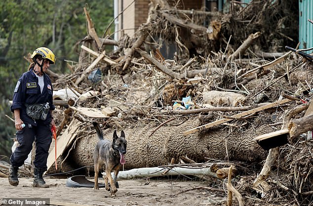 A member of the FEMA Urban Search and Rescue Task Force searches a flood-damaged property