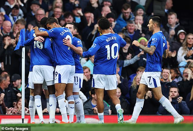 The Everton players celebrated Doucoure's goal but it was eventually disallowed by the VAR