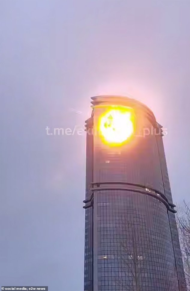 It smashed into the side of the 121m Lazurnyye Nebesa tower, and exploding into a fireball