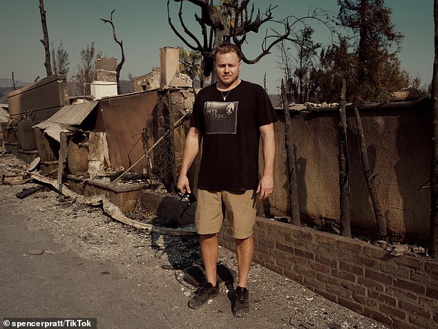 Pratt pictured at the site of his Pacific Palisades home that burned down in the LA fires