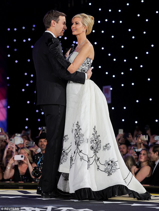 First Daughter Ivanka Trump, 43, and husband Jared Kushner, 44, took to the stage to share in a loving moment during the Liberty Ball in Washington, D.C., on Monday evening. The mother-of-three opted for an elegant, strapless white gown that contained a long flowing skirt and intricate black floral detailing. The dress was a recreation of a Hubert de Givenchy¿s 1954 Haute Couture black-and-white gown that was originally designed for Audrey in the film Sabrina