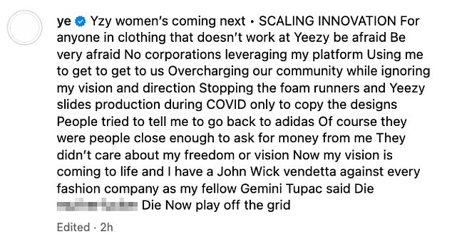 In the caption, Kanye also issued a warning to his competition and called out Adidas, after the company terminated their partnership with him in 2022 following his antisemitic remarks