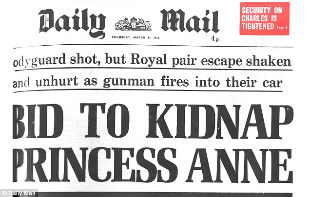 Front page: How the next morning's Daily Mail reported Ball's failed attempt to kidnap Princess Anne