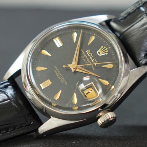 Rolex Oyster Perpetual Date Black Gilt Dial Vintage Mens Watch 34mm Working