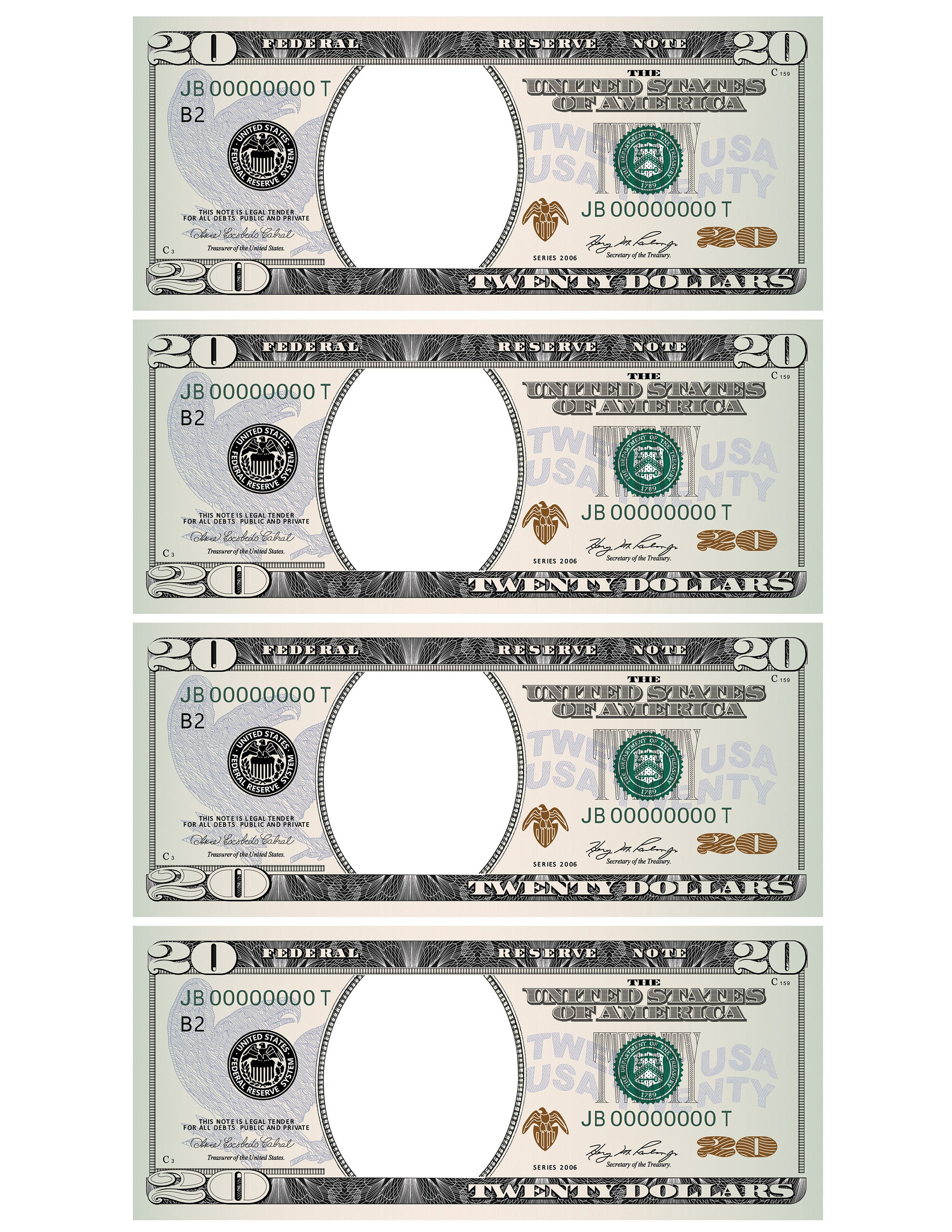 20 Dollar Bill Template Letter Page With 4 Real Size Dollar - Etsy Canada