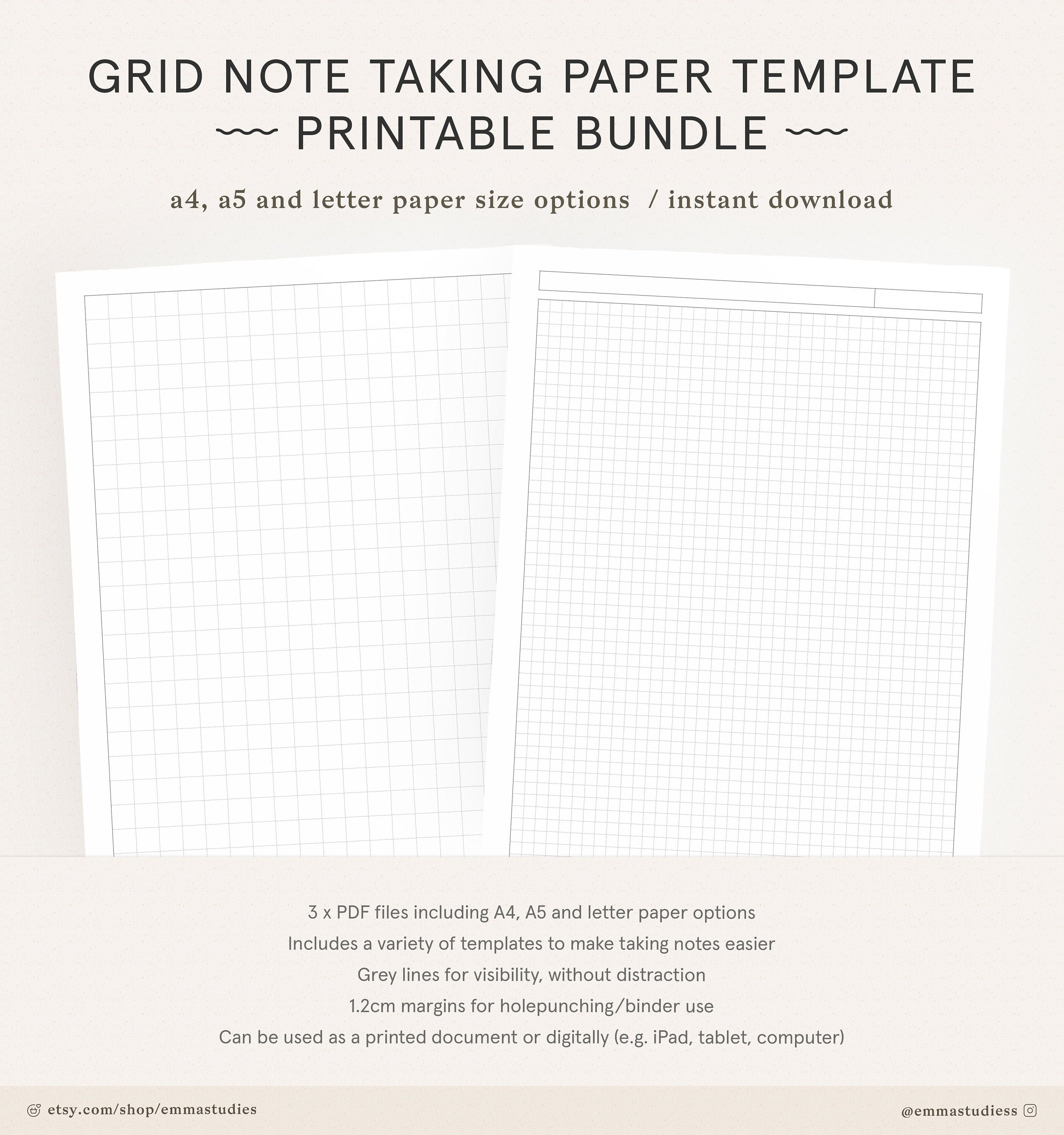 grid paper student note taking printable set squared grid etsy