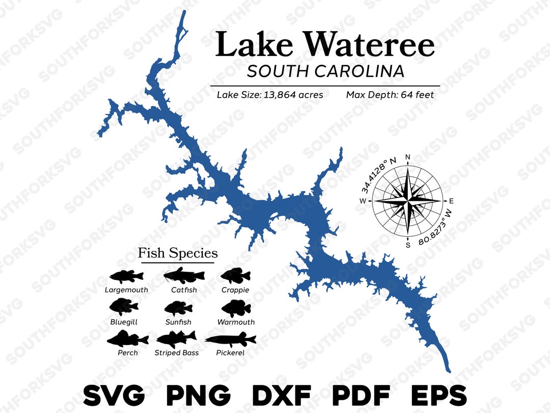 Lake Wateree South Carolina Map Data, Fish Species Laser Ready CNC ...