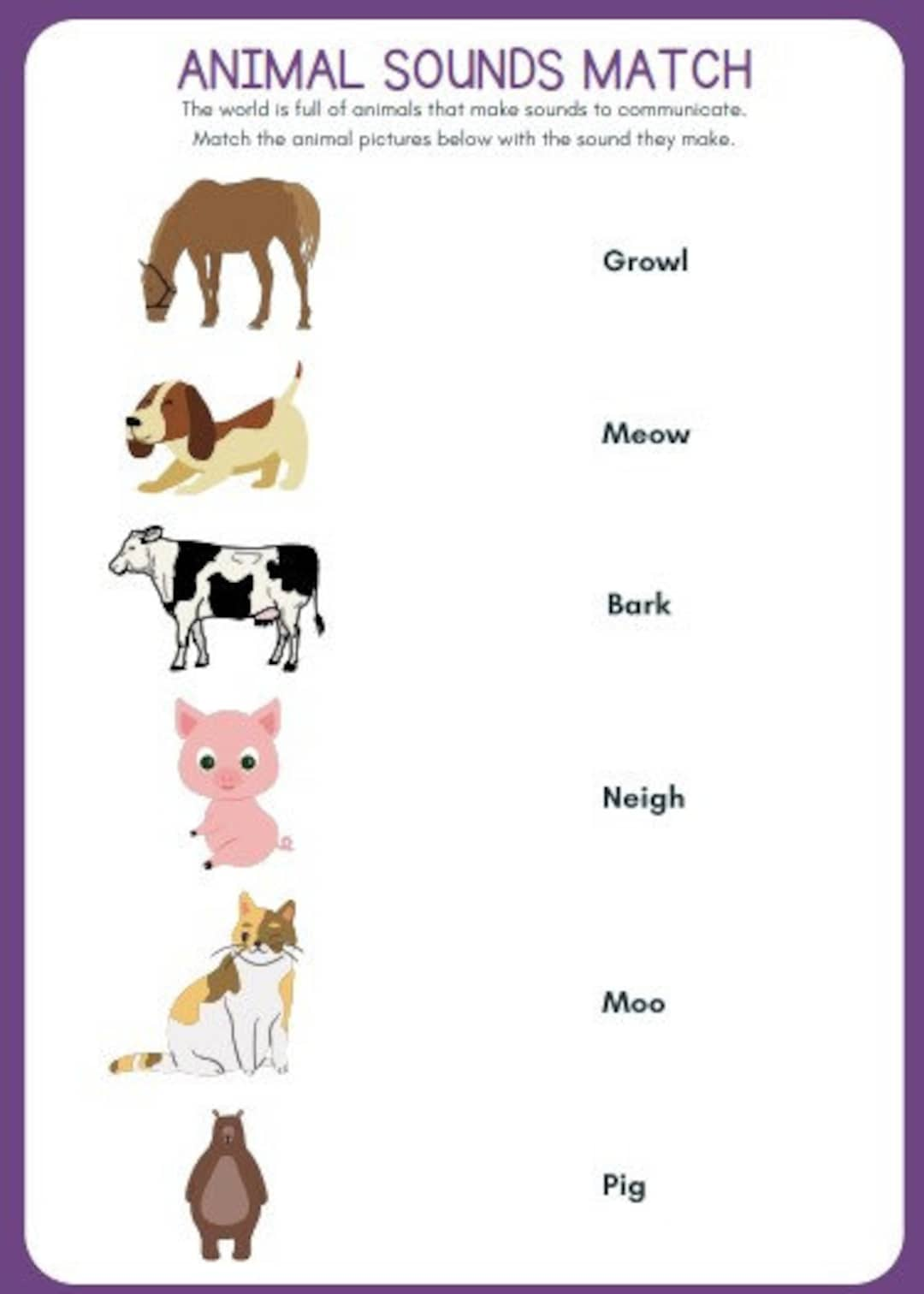 Printable Literacy/reading Help Match Animal Sound Worksheet for Pre ...