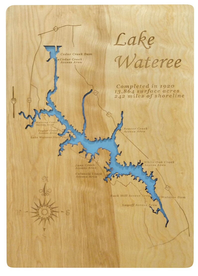 Lake Wateree SC Wood Laser Cut Topographical Engraved Map | Etsy