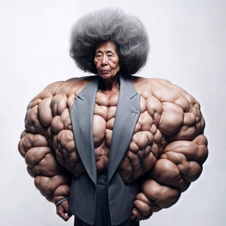 An older Asian woman with big grey hair stands with a fantastically developed physique under a great waistcoat