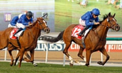 Magic Lily, black cap, in action at Meydan racecourse in Dubai last month. 