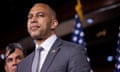 House Dem Leadership Debt Limit Presser<br>WASHINGTON DC, UNITED STATES - MAY 24: House Democratic Minority Leader Hakeem Jeffries (D-NY) speaks at a press conference on the debt limit with Democratic House Whip Katherine Clark (D-MA) and Democratic House Conference Chair Pete Aguilar (D-CA) in Washington, DC on May 24th, 2023. (Photo by Nathan Posner/Anadolu Agency via Getty Images)