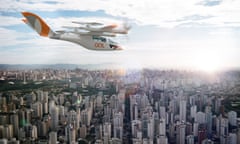 Mock up of Vertical Aerospace’s air taxi in the air over a city.