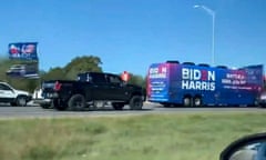 Trump supporters in vehicles pursuing a Biden-Harris campaign bus in Texas on 30 October 2020.