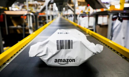 An Amazon package on a conveyor belt