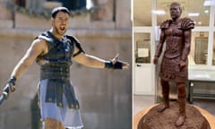 A composite image of a film still from the film Gladiator and a chocolate statue of Russell Crowe