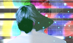 illustration of back of person's head morphed in front of yellow, blue, green, pink, red and blue background