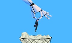 An illustration of a giant robot throwing a businessman into a rubbish can