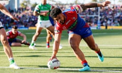 Newcastle’s Greg Marzhew scores during the NRL elimination final victory over Canberra in Newcastle.