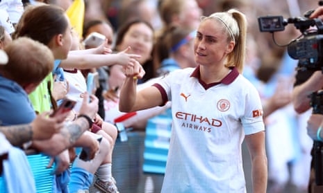 Manchester City’s Steph Houghton greets fans after her final WSL match against Aston Villa on 18 May