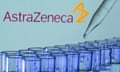 the astrazeneca logo behind a tray of test tubes with a pipette dripping in liquid