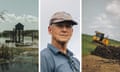 In three, side by side photos - A house on stilts is seen surrounded by water. A man poses for a portrait on a white background. A bulldozer is seen pushing dirt on a levee.