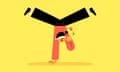 Illustration of someone doing a one-handed handstand, blindfolded, while juggling two balls.