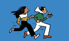 Illustration showing two diners fleeing a restaurant without paying, holding plates of cake