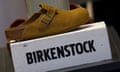 A clog on display in a Birkenstock shop.