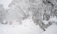 Snow covers a road at Mount Buller in July. 