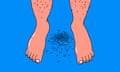 Illustration of a man's bare legs standing on the floor with a little pile of hair clippings in between