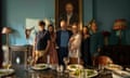 Barney Sayburn, Maeve Dermody, Jared Harris, Geraldine James, Mia Tomlinson and Cush Jumbo in The Beast Must Die. BritBox