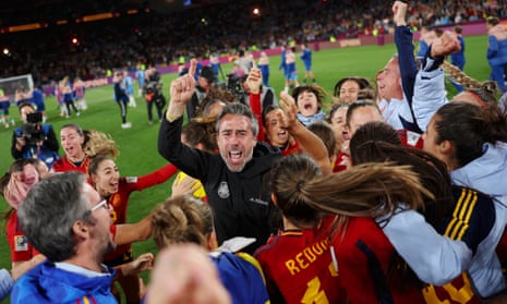 Jorge Vilda joins in the celebrations after Spain’s victory – but his relationship with some players remains frosty.